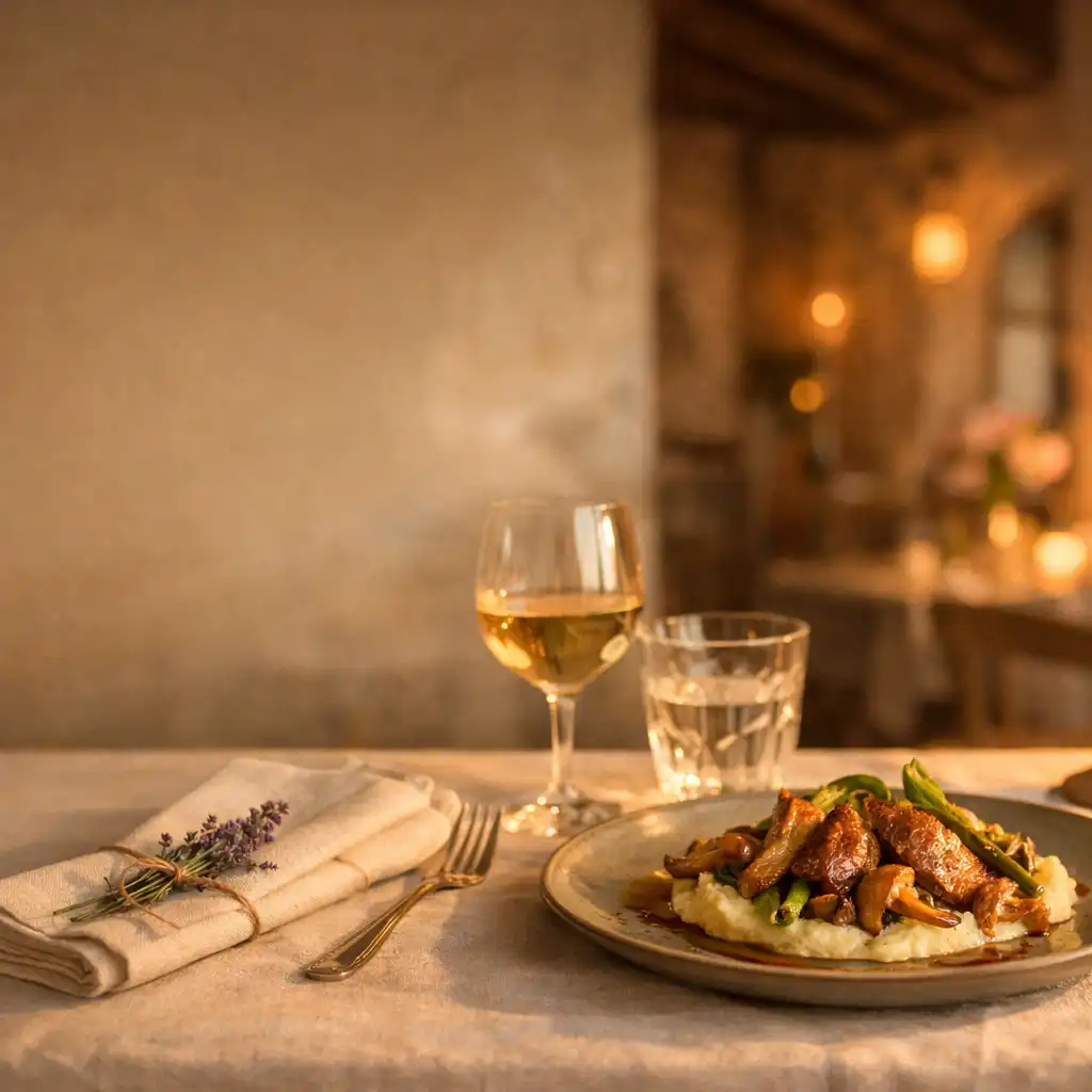 Aranyórás vacsoraasztal szezonális tányérral és levendulaággal a Flavors Table House természetes enteriőrjében