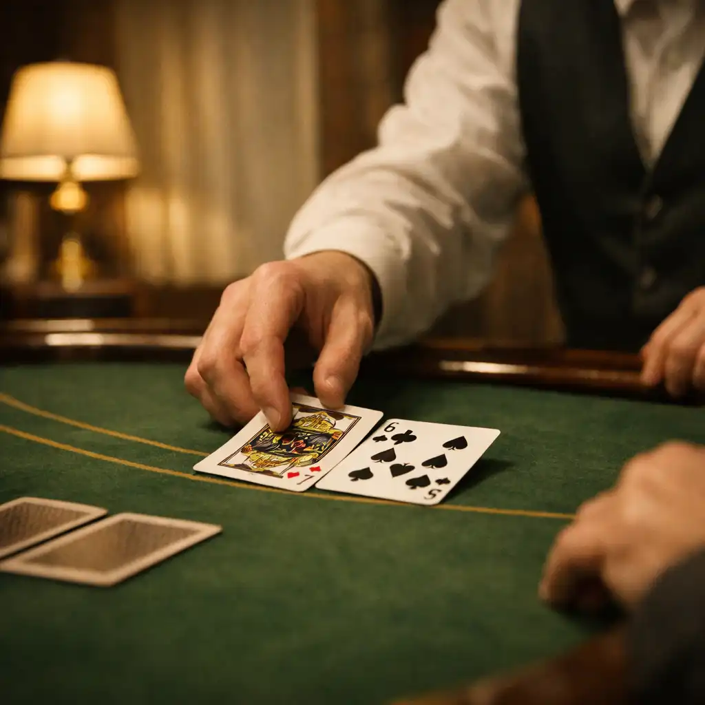 Fizikai blackjackasztal kiosztó kézmozdulattal és lágy esti fényekkel