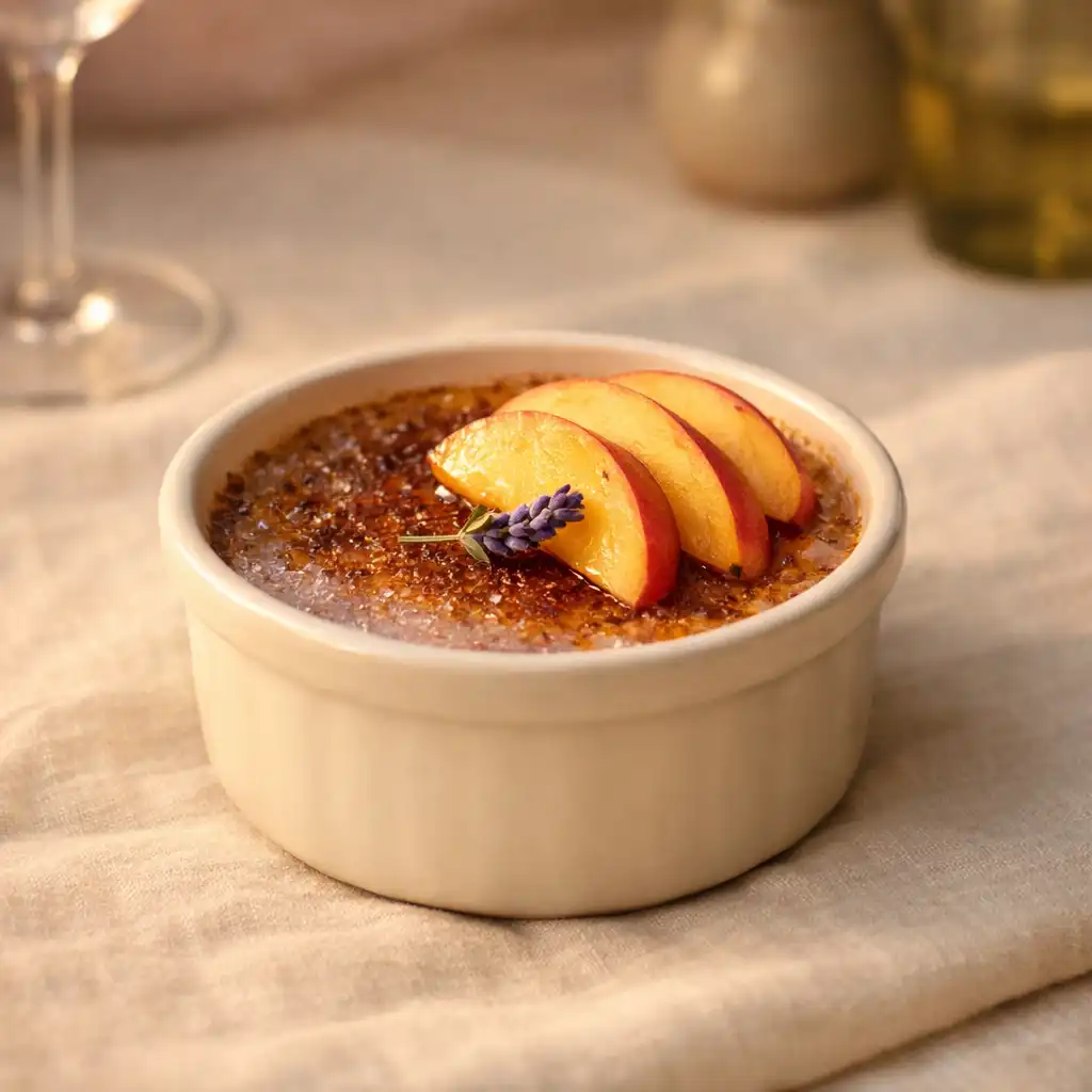 Levendulás crème brûlée friss barackszeletekkel